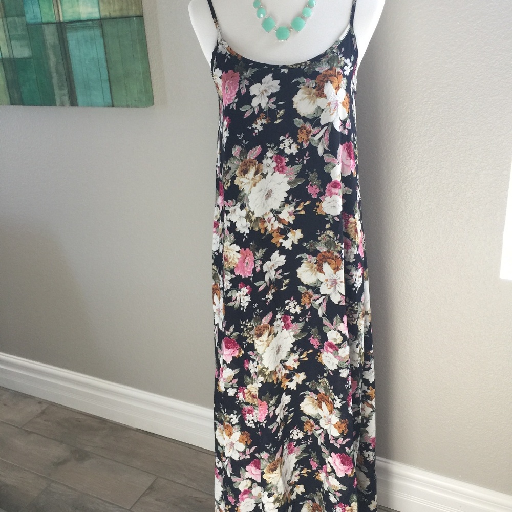 Black Floral Maxi Dress, Sleeveless, Straps, Lined